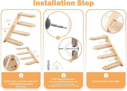 Strong Cat Shelves Stairs for Wall Mounted, 1P Cat Shelf& 2PCS 4 Steps Stairway with Sisal Rope Scratching for Cats Perch Platform, Wall Ladder Furniture