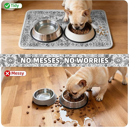 PUPTECK Dog Food Mat, Absorbent Pet Feeding Bowl Mat, Non-Slip Dog Mat for Food and Water, Quick Dry No Stains Cat Placemats Pet Supplies for Messy Drinkers, Grey 12"x20"