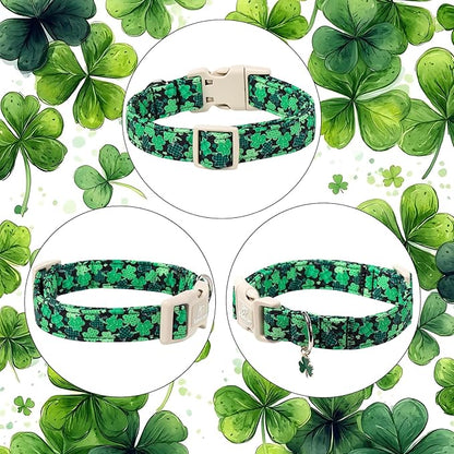 St Patricks Day Dog Collar for Medium Dogs - Green Lucky Clover Dog Collars, Lightweight Adjustable Irish Festival Shamrock Dogs Collars with Quick Release Buckle M