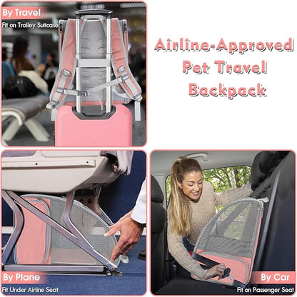 Cat Backpack Carrier, Large Pet Backpack with Kitten Wand Feather Toy for Medium Small Dog Cat Puppy Kitty Bunny up to 15lbs, Ventilated Mesh Dog Travel Carrier for Hiking Walking Outdoor Use (Pink)