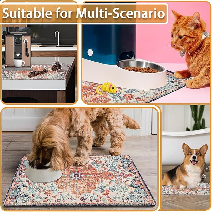 Absorbent Pet Dog Bowl Mat for Food and Water, Pet Cat Food Feeding Mat with Non Slip Rubber Backing, Dog Food Mats for Floors Waterproof, 12"x20"