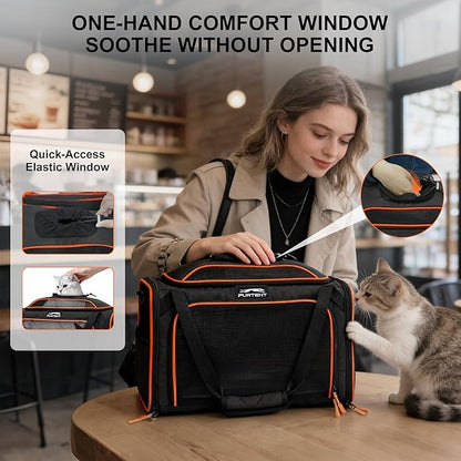 TSA Approved Expandable Cat Carrier with Top and Side, 16x11x11 Soft-Sided Pet Carrier for Small Cats and Dogs, Foldable Travel Carrier with Anti-Scratch Mesh and Safety Belt, Black