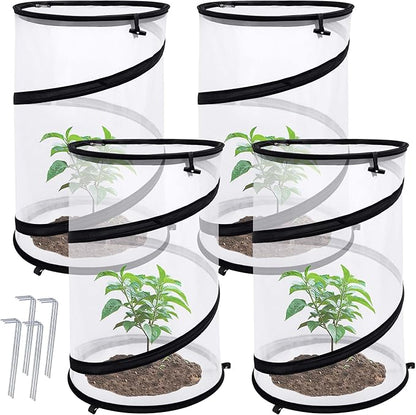 4 Pcs Pop Up Insect Barrier Plant Cover Net, 19.6" x 11.8" Round Foldable Plant Protectors Mesh Plant Enclosure, Garden Net Cage Guard Cover with Stakes & Carry Bag for Protect Plants from Bird Insect