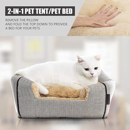 WINDRACING Cat Bed - Cat Cave House Tent with Washable Cushioned Pillow, Soft Kitten Beds, Pet Furniture (Large, Beige)