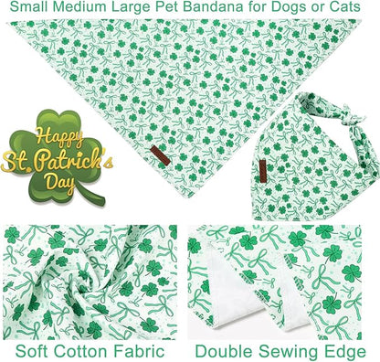 St. Patrick's Dog Bandana, UP URARA PUP Shamrock Triangle Bid, Clover and Bow Pattern Scarf for Medium Large Dogs, Cotton Kerchief for Girl Boy Puppies, Cute Spring Green Bandana,L
