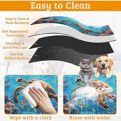 Sea Turtle Dog Cat Food Mat,Colorful Coral Absorbent Waterproof Placemat for Food and Water Non Slip Rubber Backing Durable Feeding Pad for Clean Floors 16" x 24"