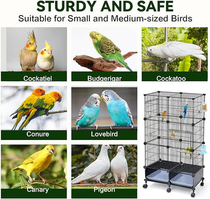Upgraded Encrypted 46-Inch Bird Cage, with Wooden Perches, Metal Parakeet Cage with Slide-Out Tray, Water Bottle&Feeder, Bird Cages for Parrot,Parakeets,Cockatiel,Lovebird,Small Mid-Sized Birds