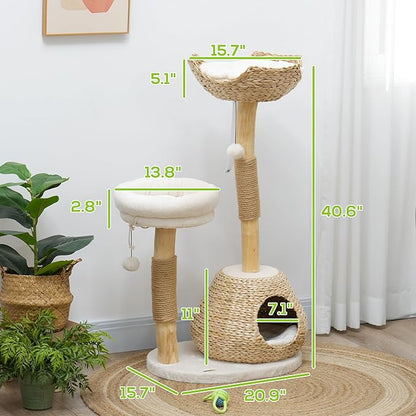 PawHut Cat Tree for Indoor Cats, 41" Wooden Kitten Tower with 2 Real Branch Scratching Posts, Luxury Condo, Beds & Toby Balls, Kitten Activity Center & Cat Furniture, Cream White