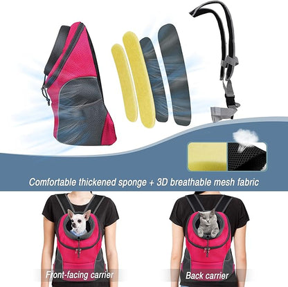WOYYHO Pet Dog Carrier Backpack Small Dog Front Backpack Ventilated Dog Carrier Back Pack with Storage Pockets, Adjustable Straps & Safety Belt for Travel Hiking Outdoor (Size L: 10-14 lbs, Rose)