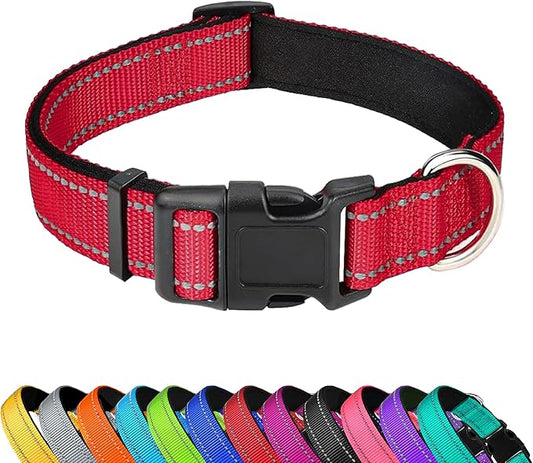 Reflective Dog Collar, Adjustable Soft Neoprene Padded Nylon Pet Collars with Buckle for Puppy and Small Dogs, Cats, Red,XS