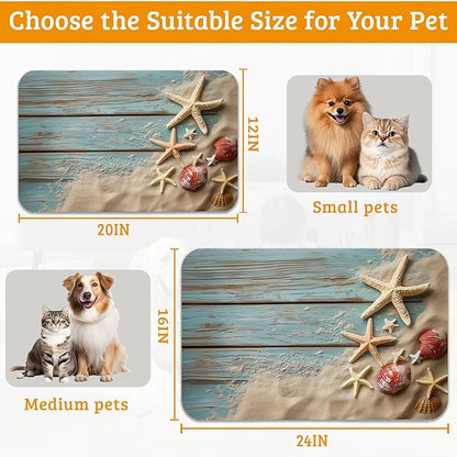 Sand Starfish Dog Cat Food Mat,Wood Board Absorbent Waterproof Placemat for Food and Water Non Slip Rubber Backing Durable Feeding Pad for Clean Floors 12" x 20"