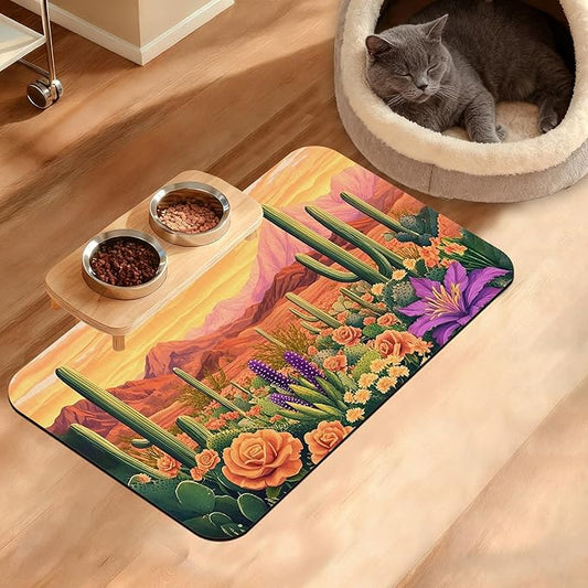 Pet Feeding Mat,Cactus Absorbent Dog Cat Food Mat Desert Dog Mat with Rubber Backing,Non-Slip Water Bowl Placemat,Pet Supplies 12" x 20"