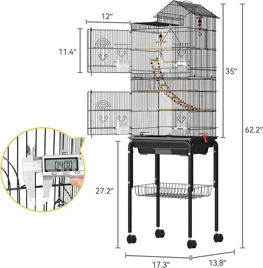 DWVO 62-inch Metal Bird Cage: Bird Cage Spacious for Cockatiels, Parrots, Pigeons, Lovebirds, Features Roof Access and Rolling Stand Black