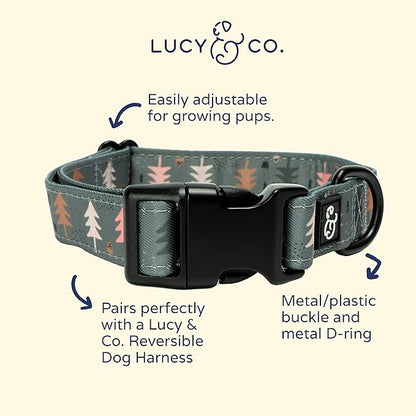 Lucy & Co. Take a Hike Adjustable Dog Collar- Cute Designer Pet Collar for Small, Medium, Large Dogs- Buckle Closure Dog Accessories, Small, Green Trees