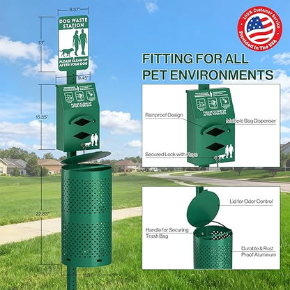 POCHAR Dog Waste Station Outdoor, Aluminum Rustproof Pet Poop Station with 600 Waste Bags & 50 Can Liners, Dog Park Equipment with Sign & Lid - Pet Poop Disposal System for Backyard