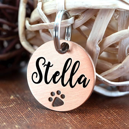Ultra Joys Dog Tags Personalized for Pets - Hollow Paw Custom Pet ID Tag - Engraved Dog Tag for Small, Large Dogs - Small Round in Rose