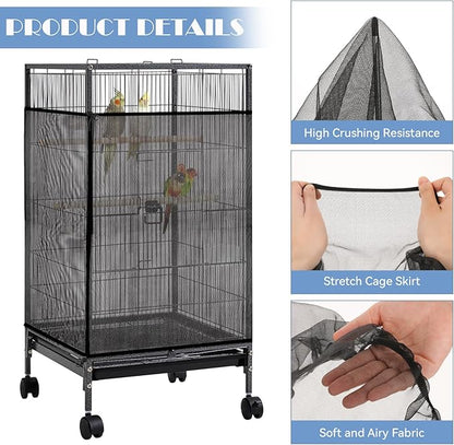 Large Bird Cage Seed Catcher 31 x 118 inches Adjustable Bird Cage Net Cover Black Bird Cage Cover Elastic Band Mesh Cage Cover Skirt Nylon Mesh for Parakeet Parrot Cages