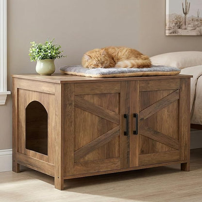 Homhedy Cat Litter Box Enclosure, Wooden Cat Washroom Furniture with Barn Door, Pet House, Fit Most of Litter Box, Rustic Walnut