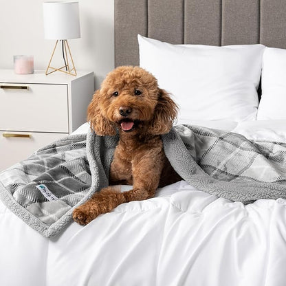 PetAmi Waterproof Dog Blanket for Medium Large XL Dog Puppy Cat Throw for Couch Cover Leakproof Protection, Sherpa Fleece, Reversible Soft Washable 80x60 Plaid Light Gray