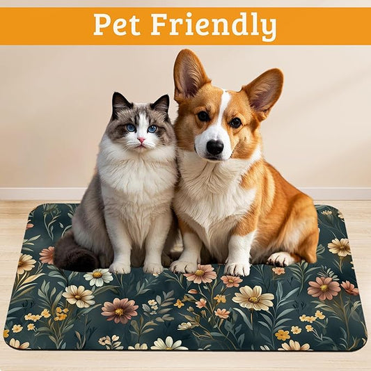 Dog Bowl Mat,Brown Flowers Pet Feeding Mat for Floors Waterproof,White Absorbent Dogs Placemat for Food and Water Quick Dry Pet Cat Feeding Mats with Non Slip Bottom 16" x 24"
