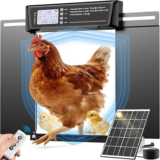Automatic Chicken Coop Door Large Size, 7W Solar Powered with Timer & Light Sensor, Anti-Pinch Safety Chicken Door, Remote Control, Predator-Proof Aluminum Door for Poultry, Ducks & Chickens