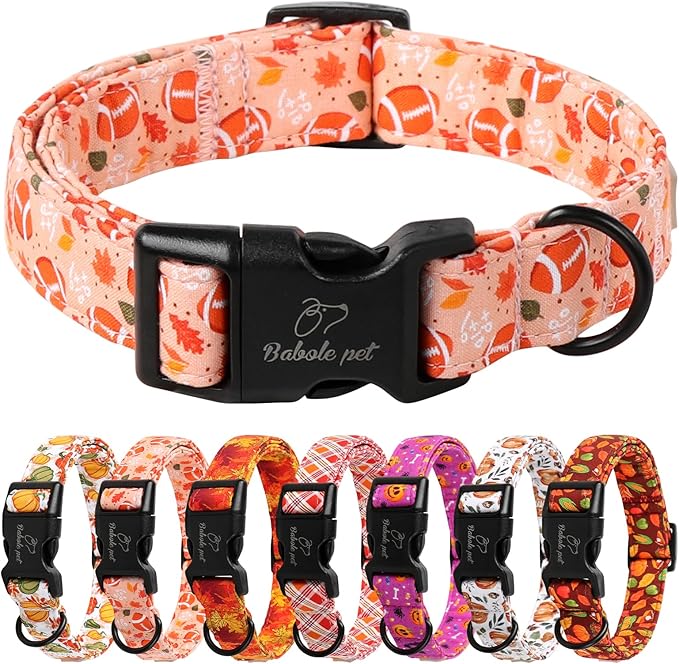 Fall Dog Collar, Cute Football Pattern Puppy Collar, Orange Adjustable Cotton Holiday Tanksgiving Dog Collars for Small Medium Large Boy&Girl Dogs S