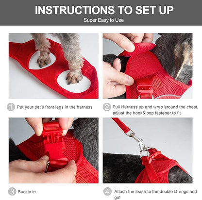 Fida Comfy Dog Harness with Leash, Soft Puppy Vest Escape Proof, Breathable Lightweight Soft Mesh, Adjustable Reflective Step-in Harness for Small Pet Walking (S, Red)