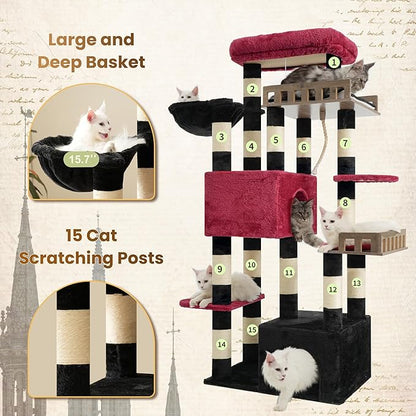 Maine Coon Cat Tree, Heavy Duty Cat Tree for Indoor Cats Large Adult, Gothic Cat Tower for Large Cats 20 lbs+ with Hammock, 2 Big Perches, 2 Cat Condos, 15 Scratching Posts, Black GCT033BR