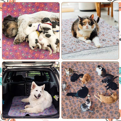 Panelee 4 Pcs Waterproof Dog Blankets Washable Puppy Paw Print Fleece Blanket for Small Medium Pet Cat Whelping Warm Soft Sleep Mat Guinea Pig Cage Liners(36 x 36 Inch)