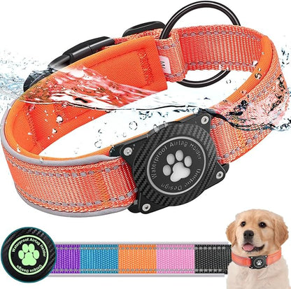 Airtag Dog Collar with Waterproof Air Tag Holder, Luminous Reflective, Soft Padded, Adjustable Nylon Pet Collar for Small Medium Large Heavy Duty Dogs,Orange, XL