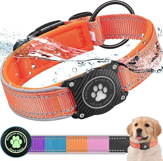 Airtag Dog Collar with Waterproof Air Tag Holder, Luminous Reflective, Soft Padded, Adjustable Nylon Pet Collar for Small Medium Large Heavy Duty Dogs,Orange, XL