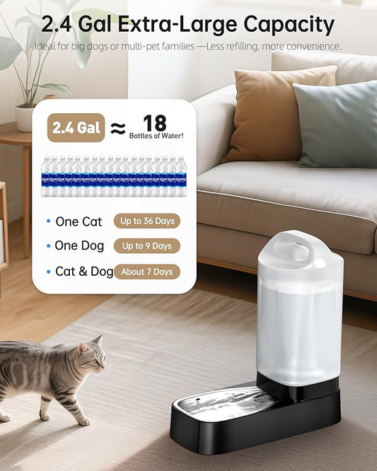 Automatic Dog Water Bowl Dispenser - 2.4 Gallon Gravity Pet Water Dispenser with 304 Stainless Steel Bowl, Dog Auto Feeders Bowls Self Waterer, Easy-Carry Handle for Large Dogs & Cats, Multi-Pet Home