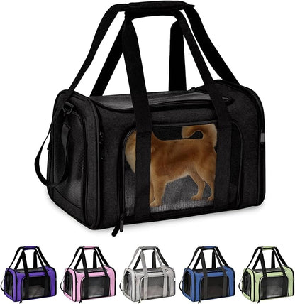 Pet Travel Carrier Bag – Airline Approved Soft-Sided Dog & Cat Carrier, Foldable, Breathable Mesh, Washable Pad – Fits Pets up to 15 lbs – The Pup Quartet (Black)