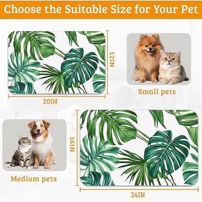 Dog Bowl Mat,Leaves Pet Feeding Mat for Floors Waterproof,Tropical Palm Absorbent Dogs Placemat for Food and Water Quick Dry Pet Cat Feeding Mats with Non Slip Bottom 16" x 24"