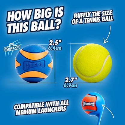Chuckit! Ultra & Squeaker Ball Dog Toy - Medium Bouncy Fetch Balls for Dogs 20-60 lbs - Made from Durable Rubber - Floating Water Pet Toys - Size Medium - 2.5-inch Diameter - Pack of 3