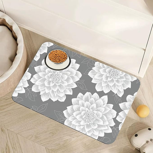 Dahlia Dog Cat Food Mat,Gray White Flowers Absorbent Pet Feeding Mat with Rubber Backing,Non-Slip Water Bowl Placemat,Indoor Pet Accessories Supplies 16"x24"