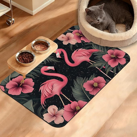 Pet Feeding Mat,Pink Flamingo Absorbent Dog Cat Food Mat Palm Leaves Dog Mat with Rubber Backing,Non-Slip Water Bowl Placemat,Pet Supplies 16" x 24"