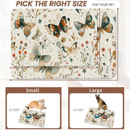 Butterfly Dog Food Mat for Floors,Boho Garden Vintage Absorbent Pet Food and Water Bowl Mats,Non-Slip Pet Feeding Mat,Pet Supplies 12" x 20"