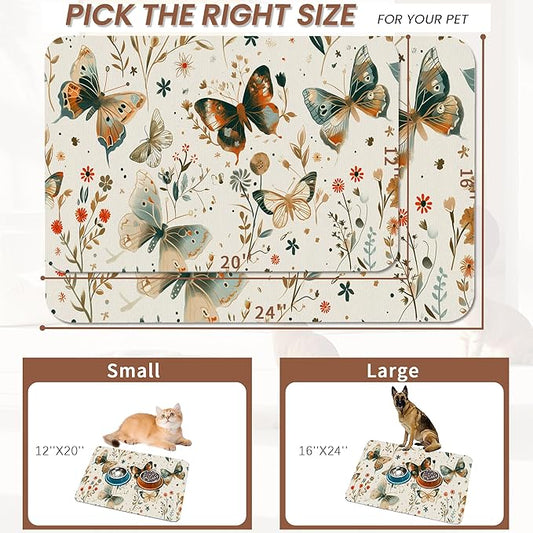 Butterfly Dog Food Mat for Floors,Boho Garden Vintage Absorbent Pet Food and Water Bowl Mats,Non-Slip Pet Feeding Mat,Pet Supplies 12" x 20"