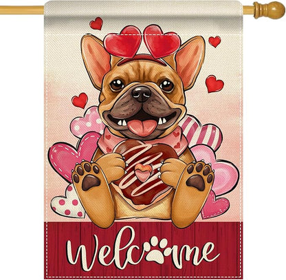 Artofy Welcome Valentines Day French Bulldog Dog Large Decorative House Flag, Red Pink Heart Yard Garden Outside Decor Pet Lover Gift, Anniversary Wedding Outdoor Home Decoration Double Sided 28 x 40