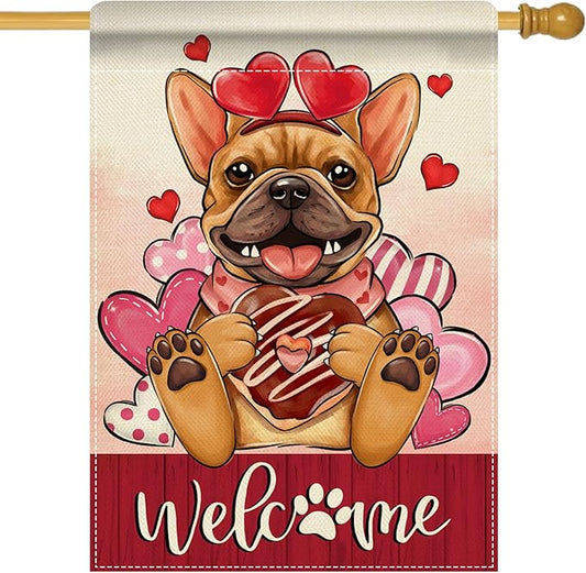 Artofy Welcome Valentines Day French Bulldog Dog Large Decorative House Flag, Red Pink Heart Yard Garden Outside Decor Pet Lover Gift, Anniversary Wedding Outdoor Home Decoration Double Sided 28 x 40