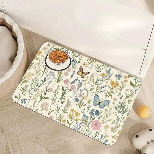 Wildflowers Dog Cat Food Mat,Vintage Botanical Garden Plants Herb Butterfly Absorbent Pet Feeding Mat for Food and Water,Non-Slip Dog Bowl Mats Floor Protector 16"x24"