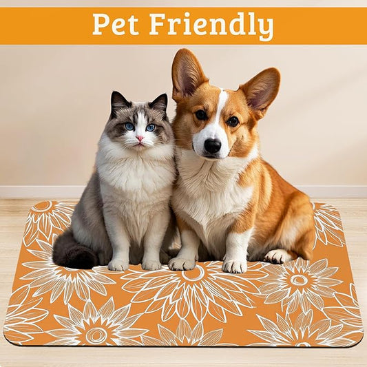 Retro Geometric Aesthetic Dog Food Mat,Orange Absorbent Pet Feeding Mat for Food and Water Bowl,Quick Dry Dog Placemat Non Slip Rubber Backing Waterproof Pet Supplies 12" x 20"