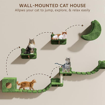 13-in-1 Cat Wall Shelves, Wall Mounted Cats Furniture Set with Plush Fabric, Cat Climbing Wall Systems, Cats Shelf with Moon Hammock, Condo, House, Step, Bridge Ladder, Scratching Post, Green