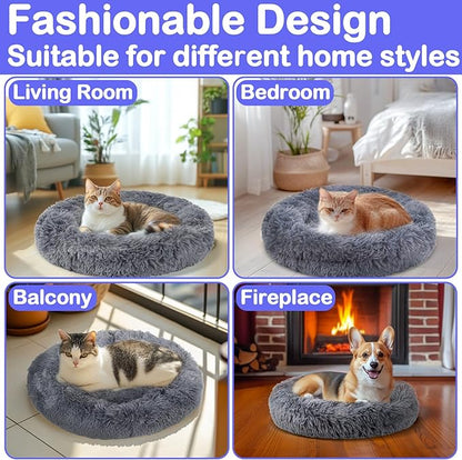Cat Bed - Calming Cat Bed for Small Kittens Donut Washable Round for Indoor Kittens and Puppies, Anti-Slip Round Fluffy Plush Faux Fur,Large, Dark Blue