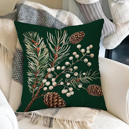 Fahrendom Winter Vibes Green Decorative Throw Pillow Covers 18 x 18 Set of 4, Let It Snow Pine Cones Needle Berry Porch Patio Outdoor Pillowcase, Christmas Seasonal Sofa Couch Cushion Case Home Decor