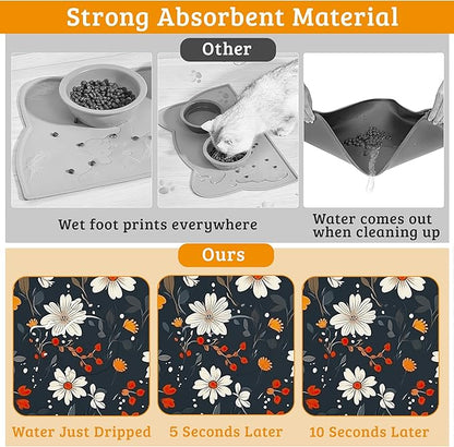 Floral Black Feeding Mat,Absorbent Quick-Dry Cat Dog Food and Water Bowl Mats,Non-Slip Rubber Backing Mat,Cat Dog Accessories Supplies 16" x 24"
