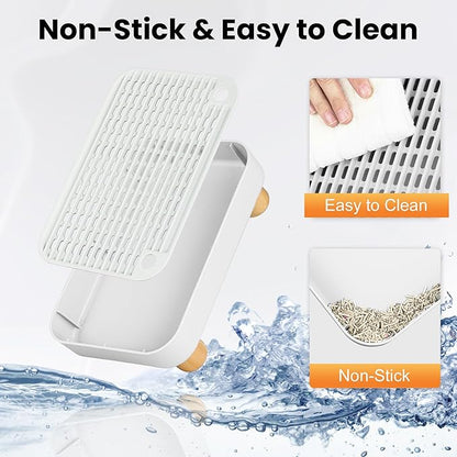Litter Box Step, Litter Box Ramp/Catcher with Wooden Base, Anti-Tracking & Easy to Clean, Ideal for Small & Elderly Cats (White)