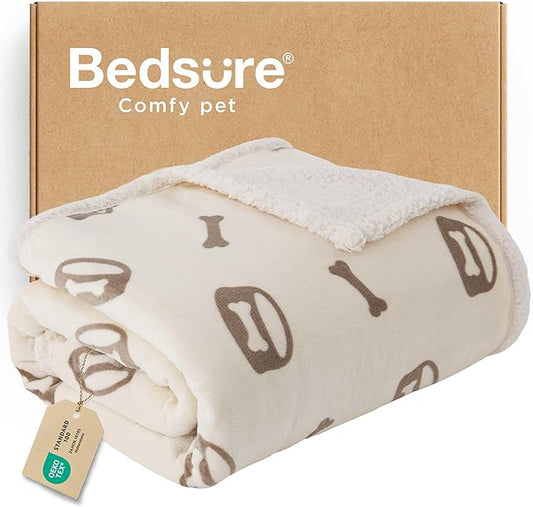 Bedsure Waterproof Dog Blankets for Large Dogs - Soft Print Sherpa Fleece Pet Cat Blanket Washable for Couch Bed Protection, Cozy Plush Reversible Throw Furniture Protector, 50"x60", Beige