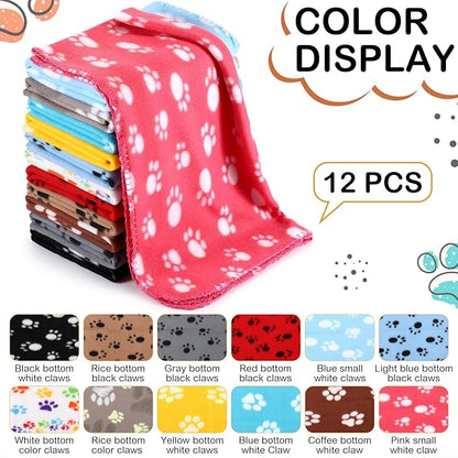 Tegeme 12 Pieces Fleece Blankets for Pets Dog Puppy Paw Print Cat Bedding Cover Blanket for Small Animals Pig Cage Liner Sleep Mat Pad Kitten Soft Warm(Cute Style,12 x 12 Inches)